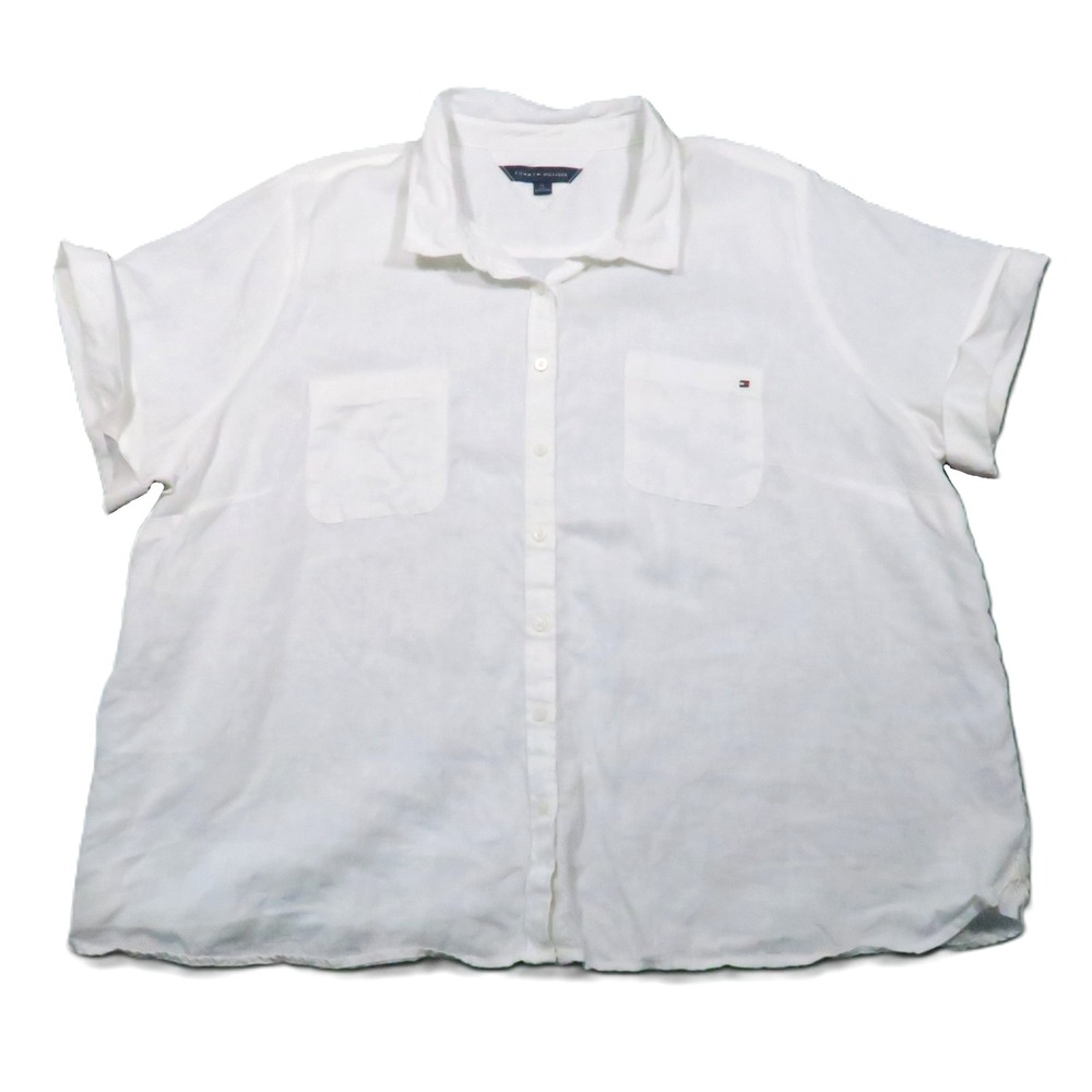 Tommy Hilfiger Linen Button Up Shirt 2X White Short Sleeve Cuff Relaxed Coastal